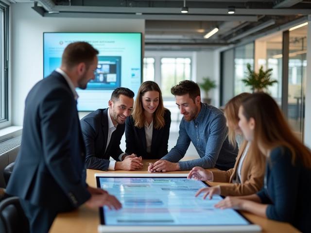 Diverse team at StreckenDigital collaborating in a modern office environment in Munich, illustrating innovation and teamwork.